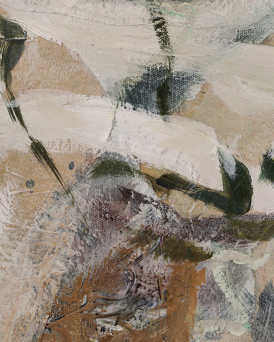 Layers of paper and paint on a collage canvas